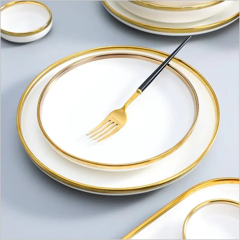High-quality Matte Gilt Rim White Porcelain Dinner Tray Kitchen Plates Ceramic Tableware Food Dishes Rice Salad Noodles Bowl Towed To Adventure