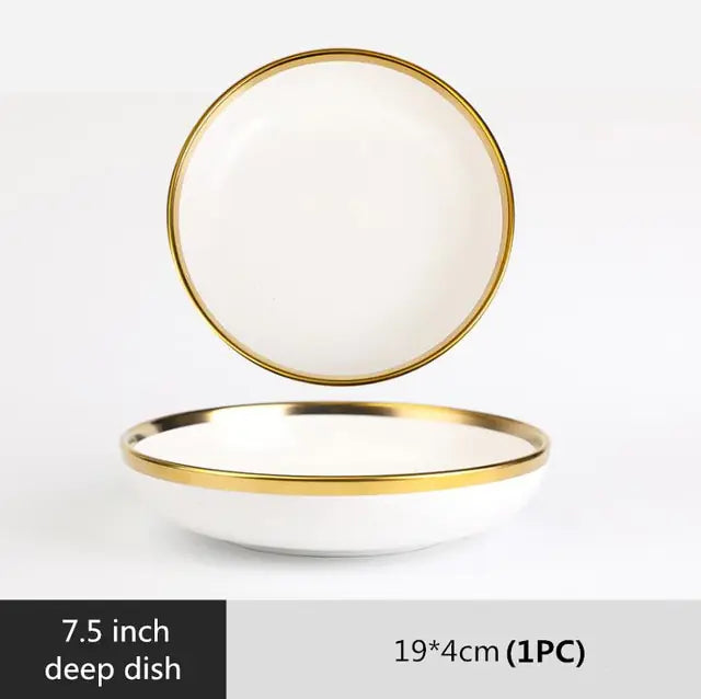High-quality Matte Gilt Rim White Porcelain Dinner Tray Kitchen Plates Ceramic Tableware Food Dishes Rice Salad Noodles Bowl Towed To Adventure