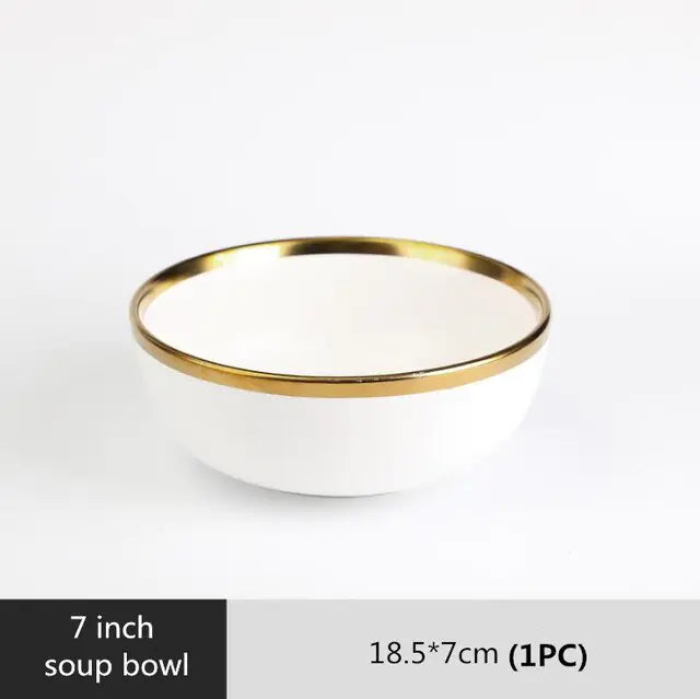 High-quality Matte Gilt Rim White Porcelain Dinner Tray Kitchen Plates Ceramic Tableware Food Dishes Rice Salad Noodles Bowl Towed To Adventure