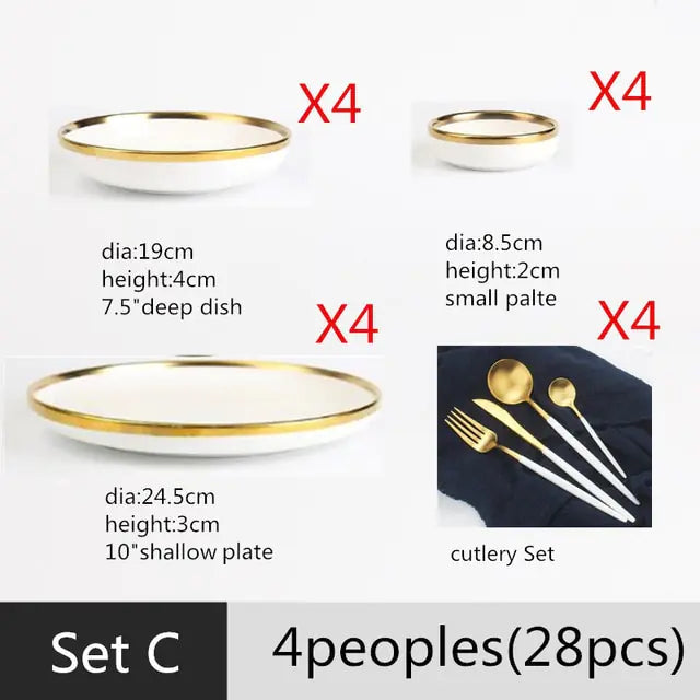 High-quality Matte Gilt Rim White Porcelain Dinner Tray Kitchen Plates Ceramic Tableware Food Dishes Rice Salad Noodles Bowl Towed To Adventure