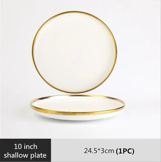 High-quality Matte Gilt Rim White Porcelain Dinner Tray Kitchen Plates Ceramic Tableware Food Dishes Rice Salad Noodles Bowl Towed To Adventure