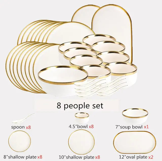 High-quality Matte Gilt Rim White Porcelain Dinner Tray Kitchen Plates Ceramic Tableware Food Dishes Rice Salad Noodles Bowl Towed To Adventure
