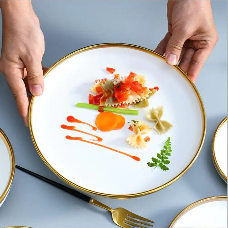 High-quality Matte Gilt Rim White Porcelain Dinner Tray Kitchen Plates Ceramic Tableware Food Dishes Rice Salad Noodles Bowl Towed To Adventure