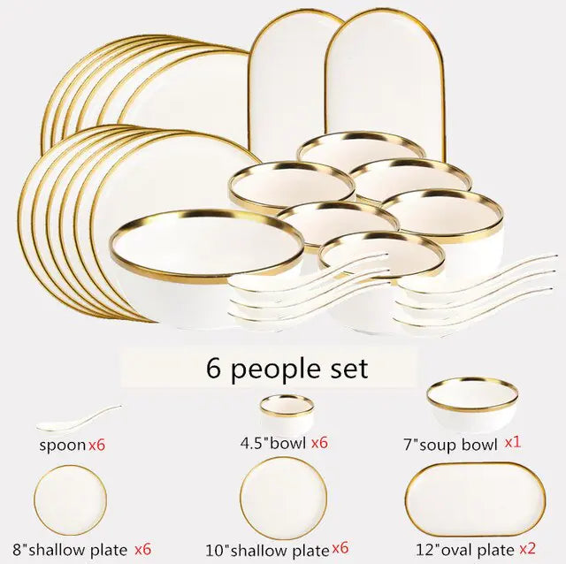 High-quality Matte Gilt Rim White Porcelain Dinner Tray Kitchen Plates Ceramic Tableware Food Dishes Rice Salad Noodles Bowl Towed To Adventure