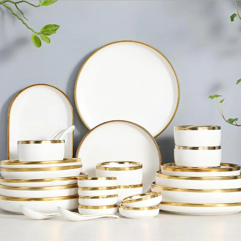 High-quality Matte Gilt Rim White Porcelain Dinner Tray Kitchen Plates Ceramic Tableware Food Dishes Rice Salad Noodles Bowl Towed To Adventure