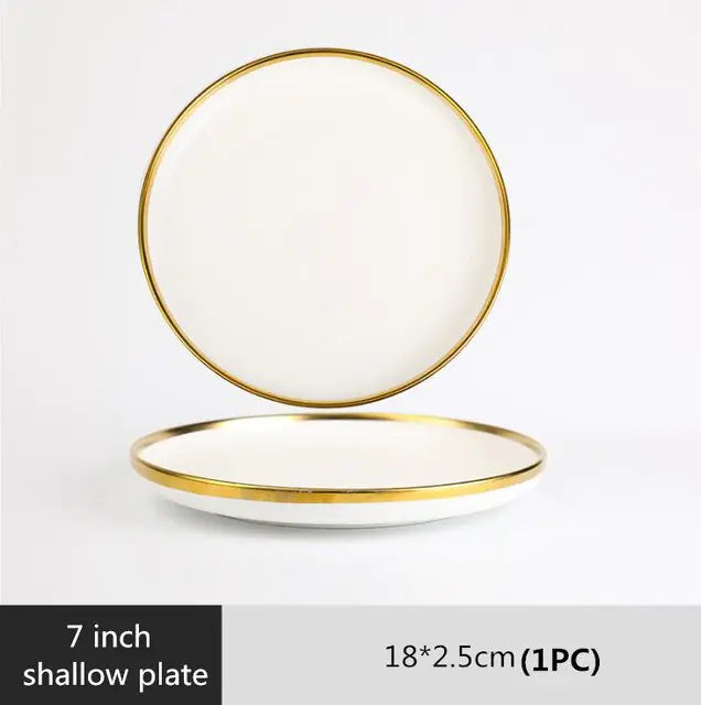 High-quality Matte Gilt Rim White Porcelain Dinner Tray Kitchen Plates Ceramic Tableware Food Dishes Rice Salad Noodles Bowl Towed To Adventure