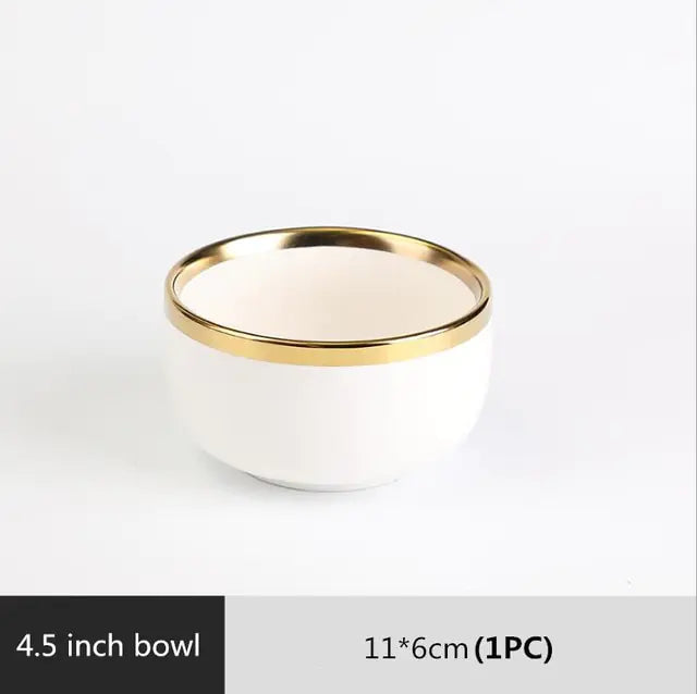 High-quality Matte Gilt Rim White Porcelain Dinner Tray Kitchen Plates Ceramic Tableware Food Dishes Rice Salad Noodles Bowl Towed To Adventure