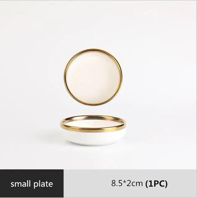 High-quality Matte Gilt Rim White Porcelain Dinner Tray Kitchen Plates Ceramic Tableware Food Dishes Rice Salad Noodles Bowl Towed To Adventure
