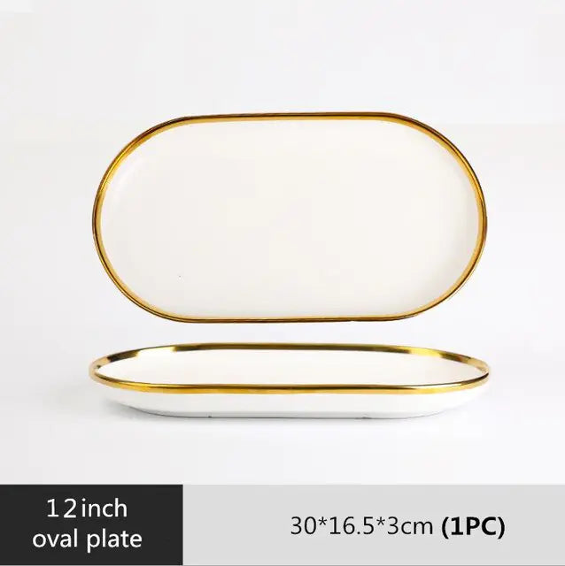 High-quality Matte Gilt Rim White Porcelain Dinner Tray Kitchen Plates Ceramic Tableware Food Dishes Rice Salad Noodles Bowl Towed To Adventure