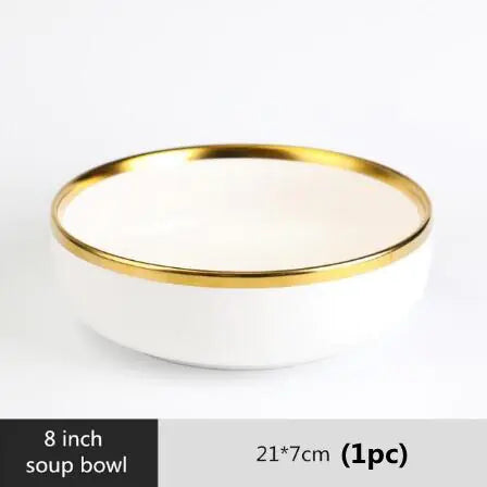 High-quality Matte Gilt Rim White Porcelain Dinner Tray Kitchen Plates Ceramic Tableware Food Dishes Rice Salad Noodles Bowl Towed To Adventure