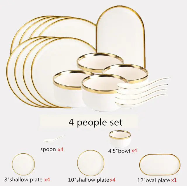 High-quality Matte Gilt Rim White Porcelain Dinner Tray Kitchen Plates Ceramic Tableware Food Dishes Rice Salad Noodles Bowl Towed To Adventure