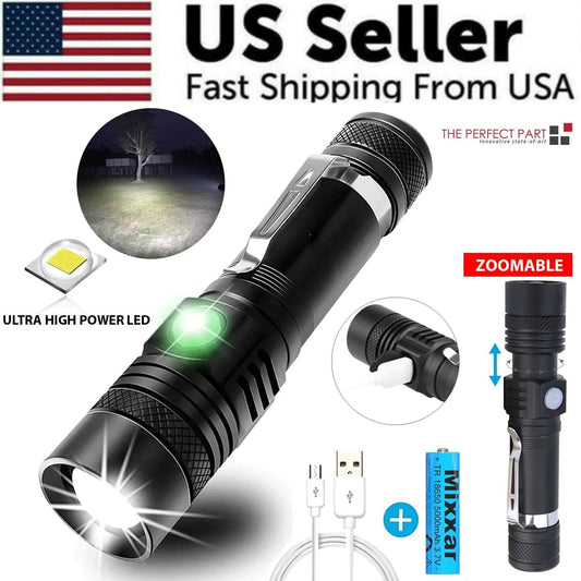 Super Bright 90000LM LED Tactical Flashlight Zoomable With Rechargeable Battery Towed To Adventure
