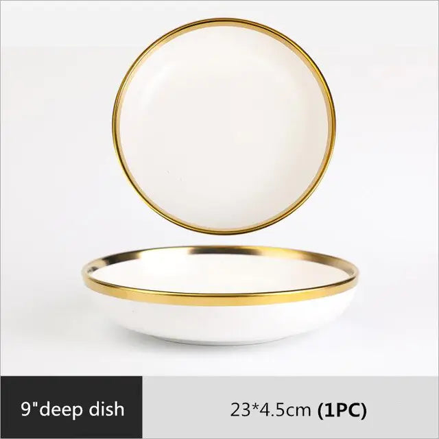 High-quality Matte Gilt Rim White Porcelain Dinner Tray Kitchen Plates Ceramic Tableware Food Dishes Rice Salad Noodles Bowl