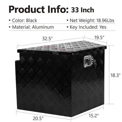 33 Inch Heavy Duty Diamond Plate Aluminum Trailer Tongue Box Pickup Truck Tool Box Storage Organizer With Weather Resistant Seal, Lock   Keys   Black 32.5x20.5x18.3