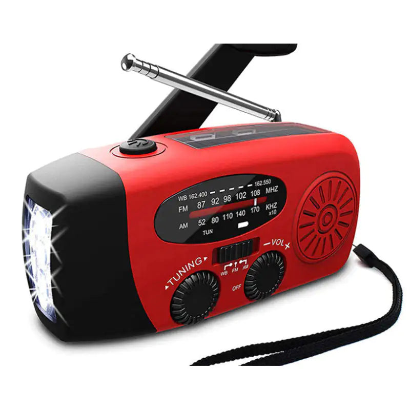 Solar hand crank USB charging radio flashlight Towed To Adventure