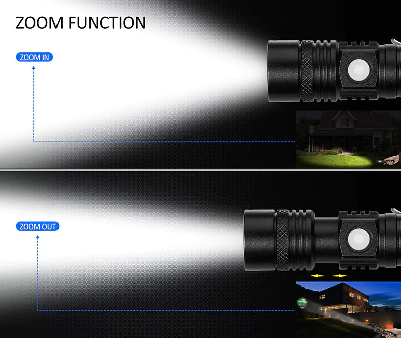Super Bright 90000LM LED Tactical Flashlight Zoomable With Rechargeable Battery Towed To Adventure