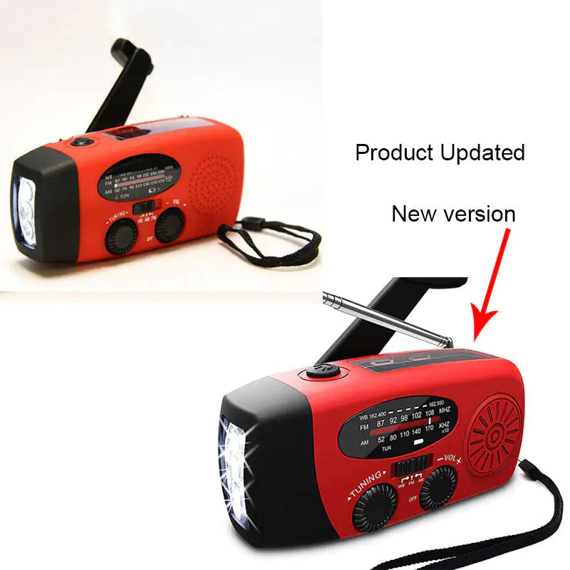 Solar hand crank USB charging radio flashlight Towed To Adventure