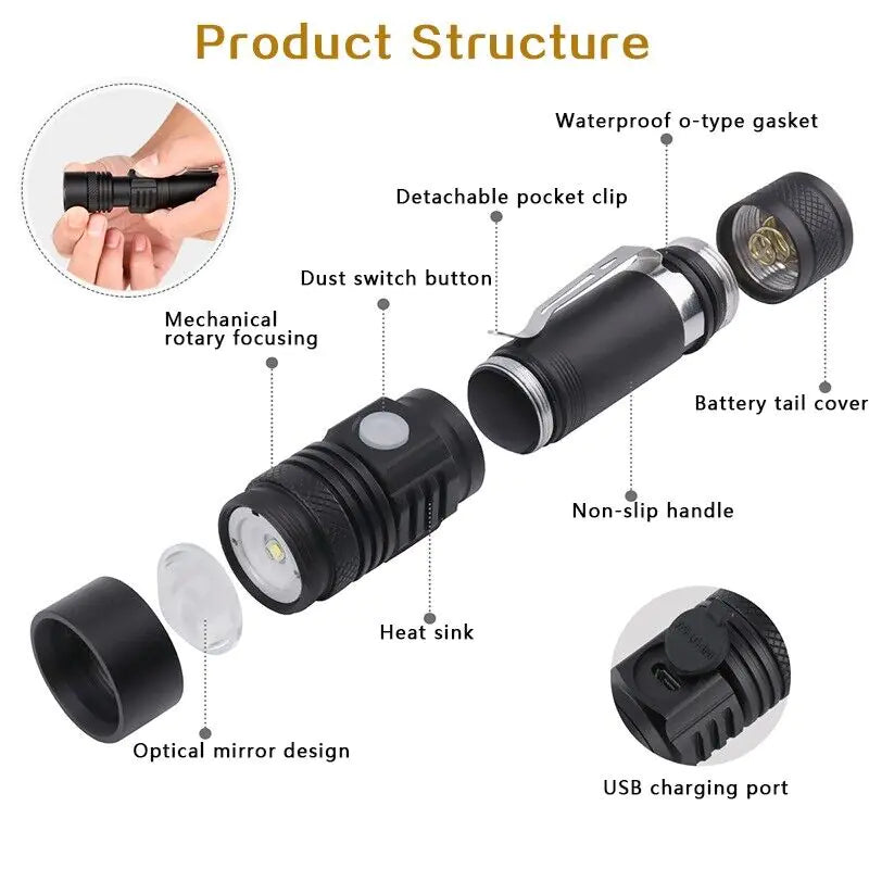 Super Bright 90000LM LED Tactical Flashlight Zoomable With Rechargeable Battery Towed To Adventure