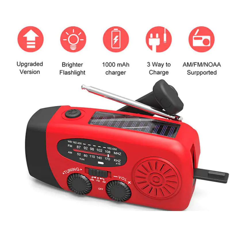 Solar hand crank USB charging radio flashlight Towed To Adventure